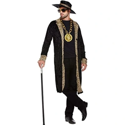 Image of Lizzy Adult Black Leopard Pimp Suit Mens Stag Do Gangster Style Outfits 90s 70s Hip Hop Fancy Dress Fashion Costume Indoor Outdoor Night Party Outfit Cowboy Hat