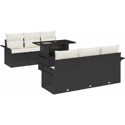 Image of vidaXL 7 Piece Garden Sofa Set with Cushions Black Poly Rattan