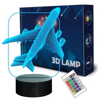 Image of Aircraft Airplane 3D Night Light Kids Bedside Lamp 16 Colors Changing with Remote Control Xmas Halloween Birthday Gift for Child Baby Boy Girl