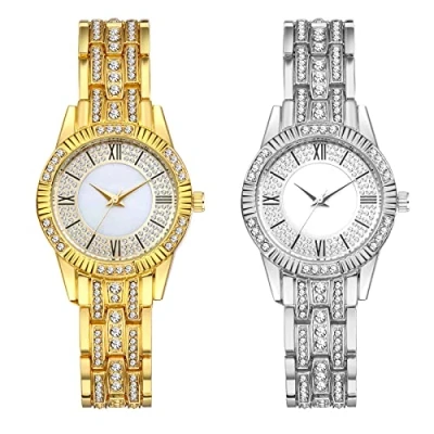 Image of JewelryWe Watches for Women Iced Out Rhinestone Analog Round Quartz Watch Stylish Gold Dress Wrsitwatch