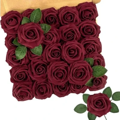 Image of N&amp;T NIETING Artificial Flowers Roses, 25Pcs Red Foam Roses Real Touch with Stems Fake for Wedding Bridal Bouquets Centerpieces Floral Arrangement Party Home Decoration, Dark