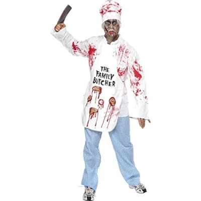 Image of Smiffys Deadly Chef Costume, White with Jacket, Hat, Apron &amp; Trousers, Halloween Zombie Alley Fancy Dress, Dress Up Costumes