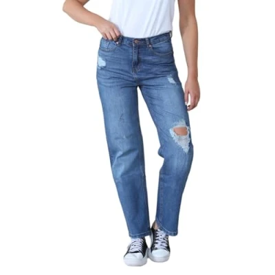 Image of MYT Womens Ladies Wide Leg High Waisted Distressed Jeans in Mid Blue Denim Size 24 Regular (UK Women&#039;s)