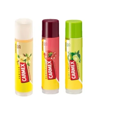 Image of Carmex Vanilla, Lime &amp; Pomegranate Stick 3 Pieces Mixed Pack