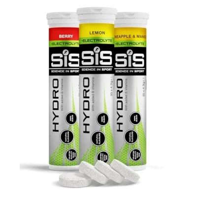 Image of Science In Sport Hydro Hydration Tablets, Variety Pack Pineapple Mango, Berry, Lemon Flavour Plus Electrolytes, 20 Effervescent Tablets per Bottle (3 Bottles)