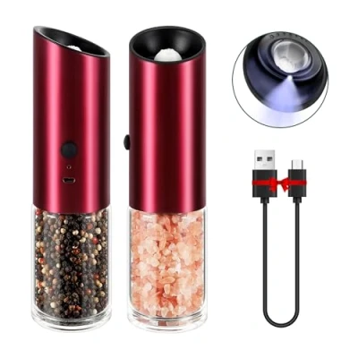 Image of Vzaahu Electric Salt and Pepper Grinder Set of 2, Rechargeable USB, Adjustable Coarseness, Red Color, Battery Operated, Electrical Spice Mills Shaker with Light
