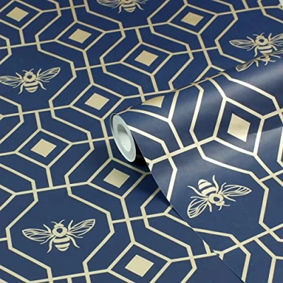 Image of furn. Bee Deco Geometric Printed Wallpaper, Dark Blue