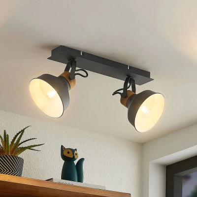 Image of Lindby Nefeli ceiling light, wooden detail, 2 bulb
