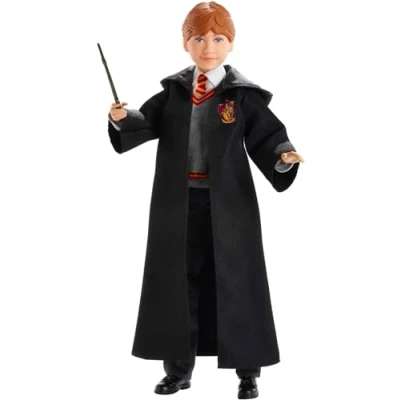 Image of Mattel Harry Potter Ron Weasley Collectible Doll (10.5 in) with Hogwarts Uniform, Gryffindor Robe and Wand, FYM52