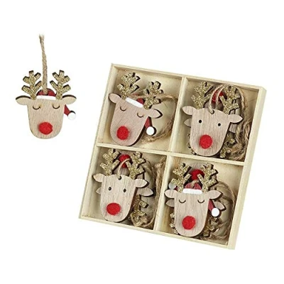 Image of Heaven Sends Set of 8 Wooden Reindeer Christmas Tree Decorations Quirky Fun Rustic Ornaments