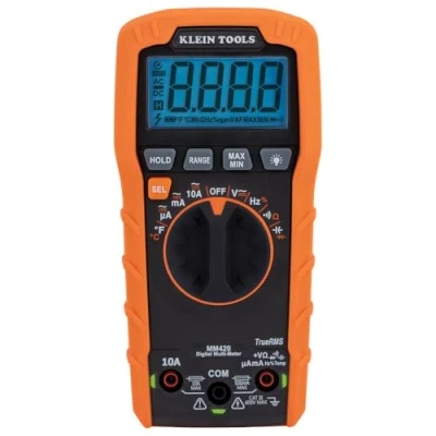 Image of Klein Tools MM420 Digital Multimeter, Auto Ranging TRMS 600V AC/DC Voltage, 10A Current, 50 MOhms Resistance,Orange/Black