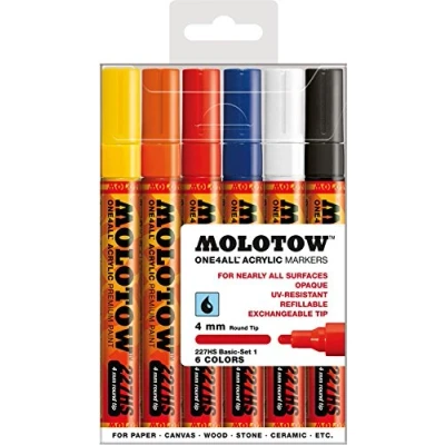Image of Molotow One4All 227HS Acrylic Pens, High Opacity and Permanent, UV Resistant for Almost All Surfaces Case Basic Set 1 6 Pieces Multicoloured