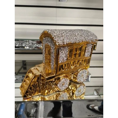Image of Biznest Crushed Diamond Caravan Square Gypsy Crystal Ornament Shelves Silver/Gold Roof Wagon (Gold)