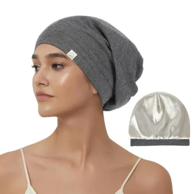 Image of hat Hut Silk Bonnet Satin Hair Wrap for Sleeping, Adjustable Sleep Cap Curly Lined Beanie Cover Women Men (UK, Alpha, L, Dark Grey)