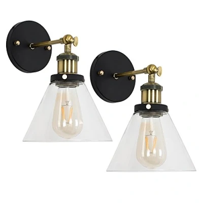 Image of MiniSun Pair of Industrial Steampunk Black and Gold Wall Light Fittings with Clear Glass Conical Shaped Shades