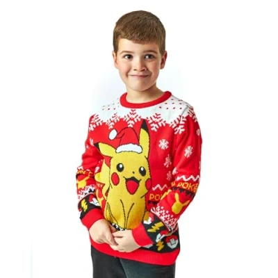 Image of Pokemon Kids Christmas Jumper in Red Pikachu Festive Holiday Long Sleeve Knitted Sweater for Children Xmas Warm Pullover Knit Seasonal Merchandise Gift Boys and Girls