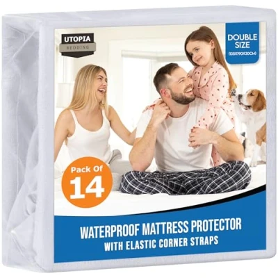 Image of Utopia Bedding Waterproof Strap Mattress Protector Double Bed 135 x 190 cm White, (Pack of 14), Fits Up to 30 Deep Mattresses, Premium Terry Protector, 4 Side Elastic Cover