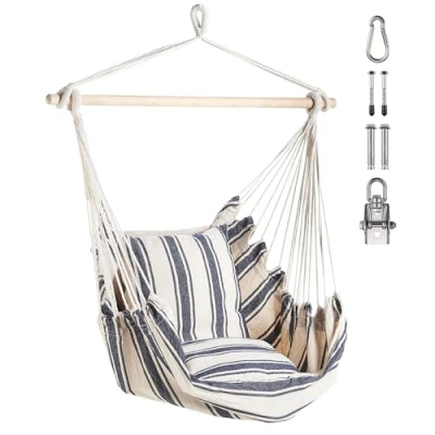 Image of VonHaus Hanging Chair Outdoor Blue &amp; White Striped Garden Swing Seat Hammock Chair, Strong Cotton Rope Portable for Garden, Patio, Terrace Decking