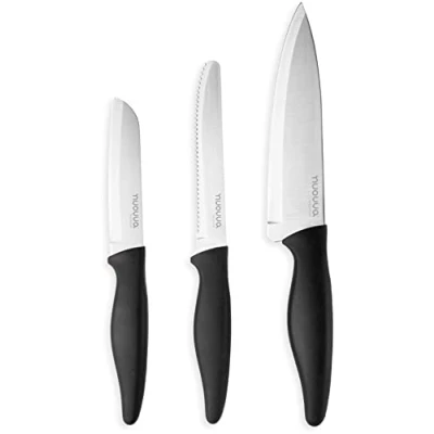 Image of nuovva Sharp Kitchen Knife Set 3pcs Black Knives Stainless Steel Non Stick Blades Includes Chefs Knife, Tomato and Paring