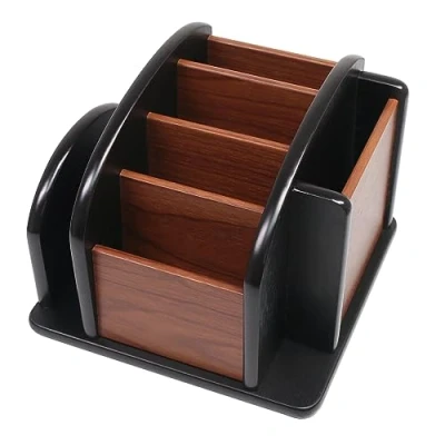 Image of Coideal Wooden Remote Control Holder Organiser for Table, Large Wood Desk Storage Caddy Rotating Pen Pencil Office Supplies (6 Compartments, Brown &amp; Black)