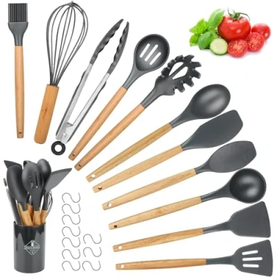 Image of Kitchen Utensil Set, hicoosee 22 Pieces Silicone Cooking Utensils Natural Wooden Handles Tool BPA Free Non Toxic Stick Heat Resistant Gadgets Grey