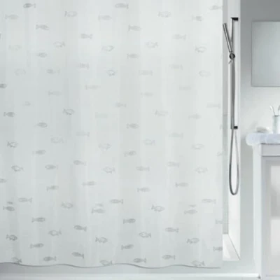 Image of Spirella Kos Silver Metallic Effect Textile Polyester Shower Curtain, 180 x 200 cm, White/Silver