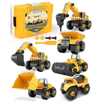Image of Vanplay Take Apart Construction Vehicles Excavators Truck Toy with Storage Box, 6 in 1 DIY Building Educational Gift Toys for Boys Girls Age 3 4 5