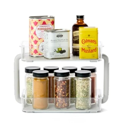 Image of madesmart 2 Tier Plastic Multipurpose Kitchen Spice Organizer, Condiment Storage Shelf for Cabinet Organization, Gray