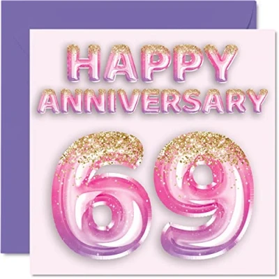Image of Pretty 69th Anniversary Card for Wife Girlfriend Husband Boyfriend Pink Purple Glitter Balloons Happy 69 Cards from Family, 145mm x Greeting Sixty Ninth Anniversaries