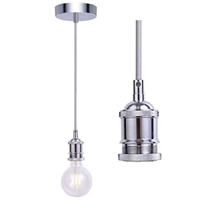 Image of JING Vintage Pendant Light Fitting,Industrial Chrome Ceiling Rose,Braided Flex E27 Lamp Holder,Suspended Fitting