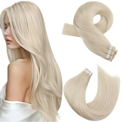 Image of Moresoo Tape Hair Extensions Human Platinum Blonde Invisible Real Remy in 16Inch Thick Silky Soft Straight 20 Pieces/50g #60
