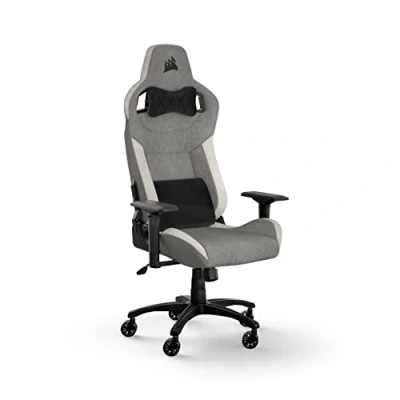 Image of Corsair T3 RUSH Fabric Gaming Chair (2023) Racing Inspired Design Soft Exterior Padded Neck Cushion Memory Foam Lumbar Support Adjustable Seat Height Grey &amp; White