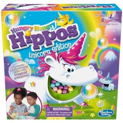 Image of Hasbro Gaming Hungry Hippos Unicorn Edition Board Game; Pre School Game For Kids ages 4 and Up; 2 to Players