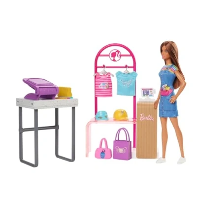 Image of Barbie Doll &amp; Accessories, Make Sell Boutique Playset with Display Rack, Create Foil Designs, HKT78