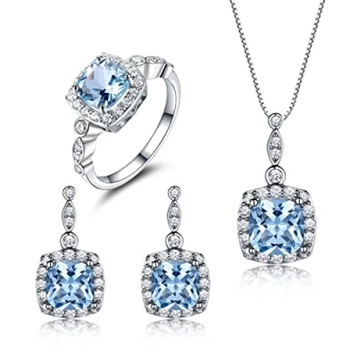 Image of CHABER Elegant 925 Sterling Silver Jewelry Necklaces Rings Earrings Created Sky Blue Topaz Set For Women Wedding Gifts