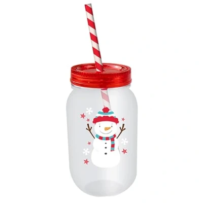 Image of Widdle Gifts Christmas Mason Jar and Straw Re useable Sturdy Plastic Childrens (Snowman)