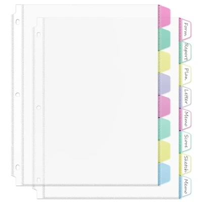 Image of HABGP16PCS/2 Set 3 Ring Clear Binder Dividers with Tabs, 8.5 x 11 8 Tabs Pockets, Page Protectors Index for Binder, Heavy Duty Plastic Sheet