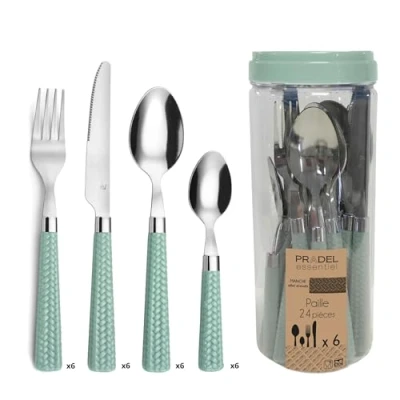 Image of Amefa 2260AAT000C40 Paille 24 Piece Cutlery Set, Stainless Steel 18/0 Braided Effect Handle, Black Polypropylene