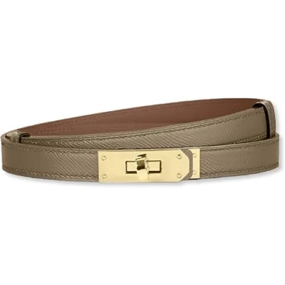 Image of baizhong Women Skinny Leather Belt Classic Solid Color Alloy Turn Lock Ladies Adjustable Slim Thin Waist （Brown Green/Gold）