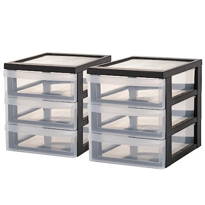 Image of Iris Ohyama Desktop Storage Drawers Unit, 3 Shallow Drawers, Set of 2, Black, Easy Pull A5, Clear, For Home Office, Documents, Supplies &amp; Accessories, File, Paper Storage, BPA Free, DC A5