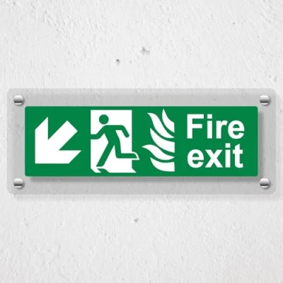 Image of V Safety NHS Fire Exit Arrow Down Left 300 x 100 mm Acrylic Perspex Cast Clear Sign