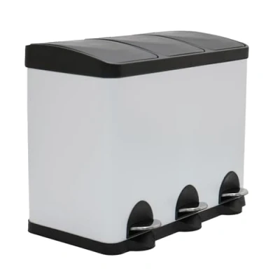 Image of Amig Triple Pedal Bin 45 litres 3 Removable 15 Litre Compartments Kitchen Recycling Steel 60 x 37 49 cm White