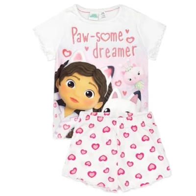 Image of Gabbys Dollhouse White Pyjama Set Kids Gabby T Shirt and Shorts Pjs Paw Some Dreamer Cat Design Official Merchandise Cosy Loungewear Gift