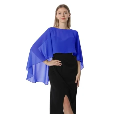 Image of Hotshawl Capelets for women Chiffon Cape Shawls and Wraps Evening Dress Wedding Capes Cover Up, Royal Blue, One Size