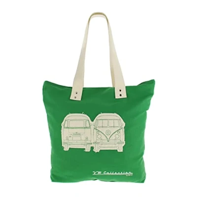Image of BRISA VW Collection Volkswagen Reusable Canvas Shopping Beach Bag with T1 Bus Campervan Motif (Silhouette/Green)