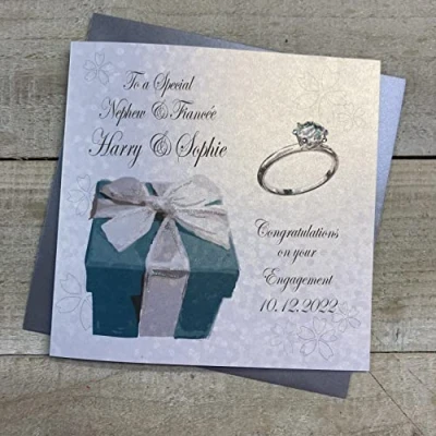 Image of WHITE COTTON CARDS PERSONALISED ENGAGEMENT CARD. ANY RELATION. NEPHEW &amp; FIANCÉE. TURQUOISE BOX RING DESIGN. Handmade (P22 35 NEP XP22 NEP)