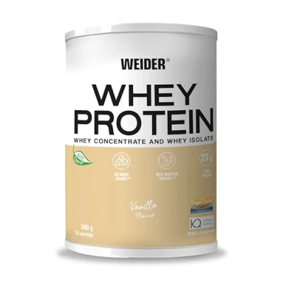 Image of Weider Whey Protein (300g) Vanilla Flavour. from Concentrate and Isolate, 23g/Serving. with Digestive Enzymes, L Glutamine Kyowa Quality Stevia. No Added Sugars. 10 Servings