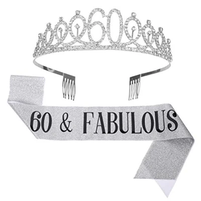 Image of SUSSURRO &quot;60 and Fabulous Sash Rhinestone Tiara Set,60th Birthday Gifts for Women Party Supplies(Silver)