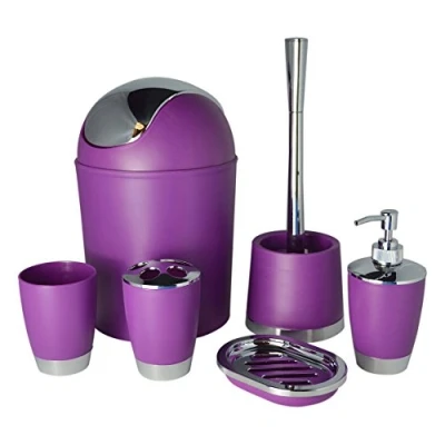 Image of Bathlux Modern Design 6 Piece Bathroom Accessory Set, Toilet Brush, Waste Bin, Soap Dish, Tooth Brush Holder Dispenser, Rinse Cup (Purple)