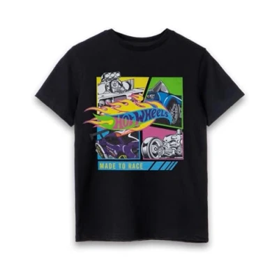 Image of Hot Wheels Boys T Shirt Kids Made to Race Classic Flame Logo Short Sleeve Graphic Tee in Black Super Racing Car Pop Art Apparel Top Sports Speed Toy Iconic Merchandise Gift for Children